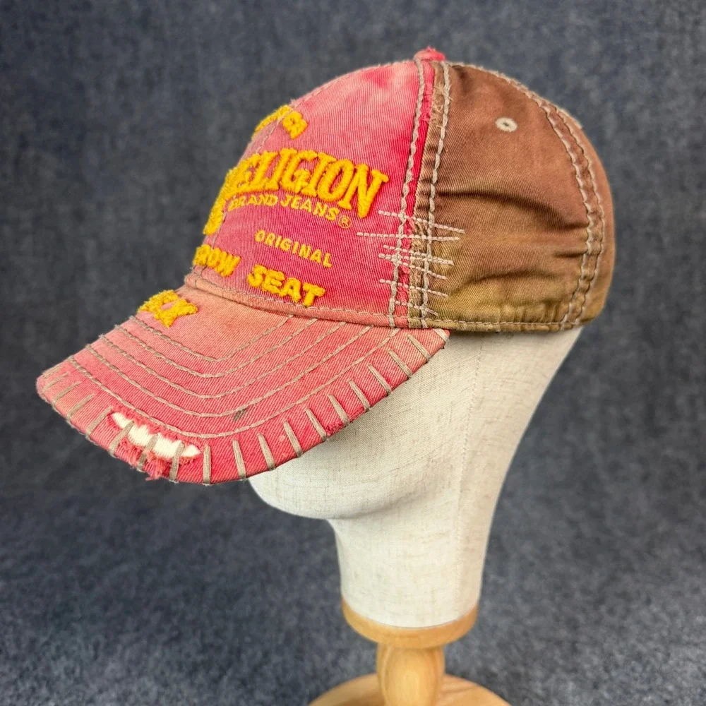 True Religion Brand Jeans Distressed Baseball Cap Red Brown Embroidered Hat OSFA